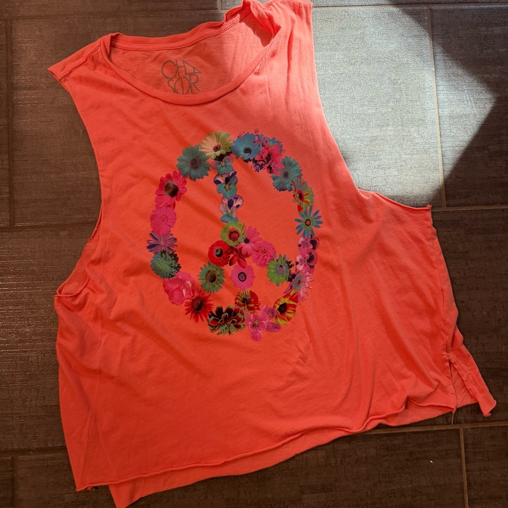 Chaser Coral Muscle Tank with Multicolor Floral Peace Sign